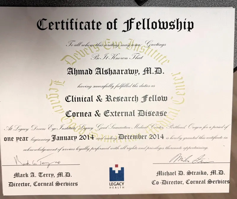 Attestato di fellowship del dott. Ahmed Shaarawy, Devers Eye Institute, Oregon, USA, 2014