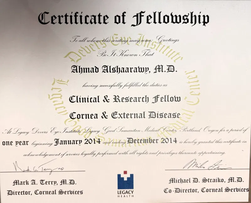 Attestato di fellowship del dott. Ahmed Shaarawy, Devers Eye Institute, Oregon, USA, 2014