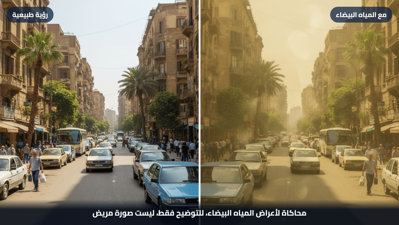 محاكاة لأعراض المياه البيضاء: نصف الصورة برؤية طبيعية والنصف الآخر بضبابية واصفرار كما يراها المريض، للتوضيح فقط