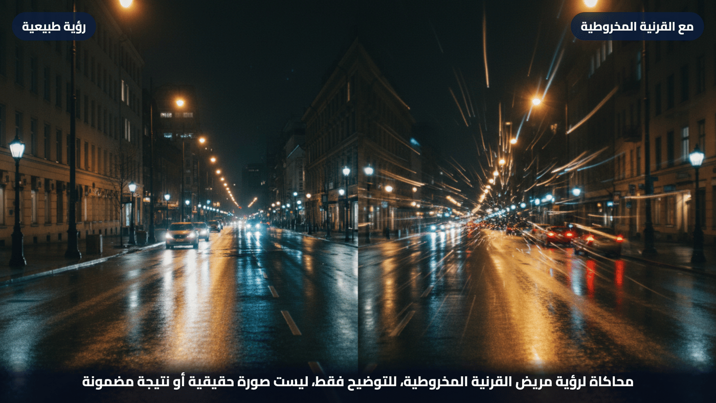 محاكاة لرؤية مريض القرنية المخروطية ليلًا: تكرار الأضواء وذيول مذنبية حول المصابيح مقارنة بالرؤية الطبيعية، للتوضيح فقط