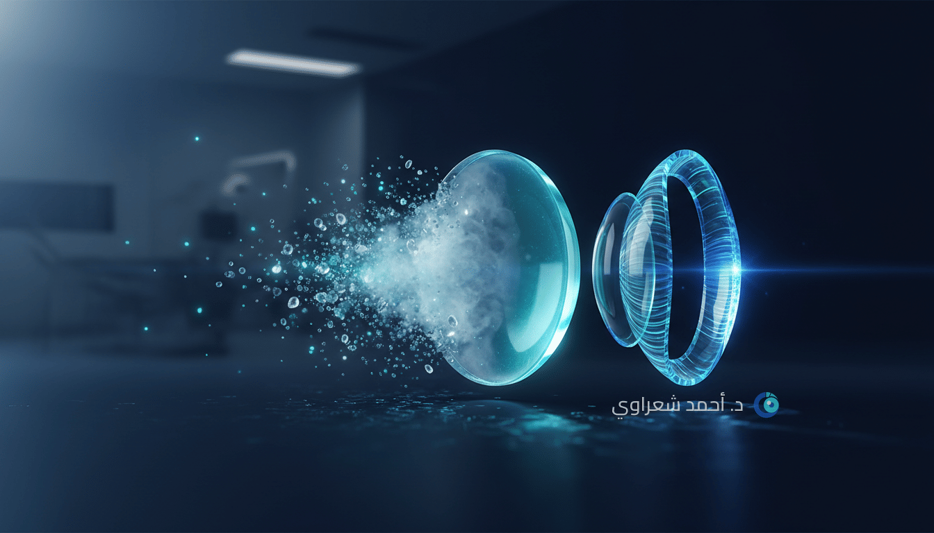 رسم ثلاثي الأبعاد لعدسة معتمة تتفتت بجانب عدسة صناعية