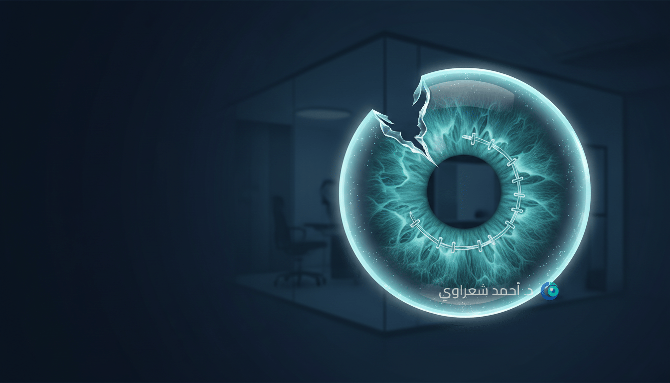 رسم ثلاثي الأبعاد لقزحية بها قطع في حافة البؤبؤ